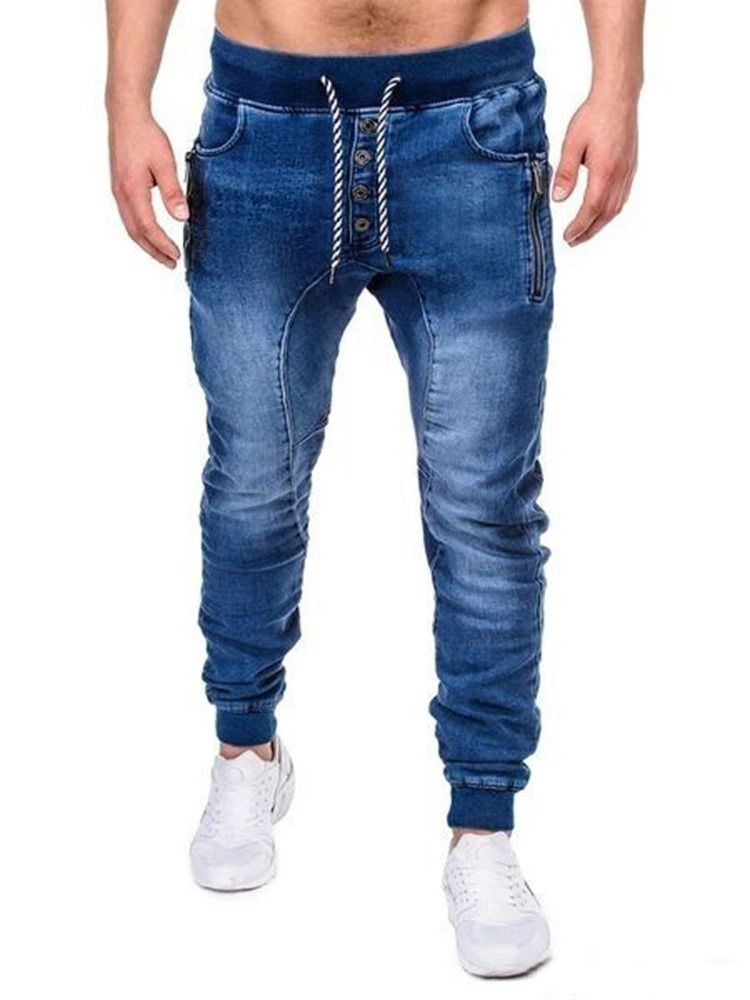 Vanlig Dragkedja Pencil Byxor Casual Lace-Up Herr Jeans