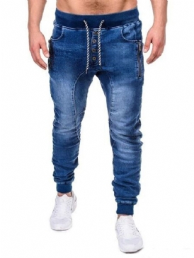 Vanlig Dragkedja Pencil Byxor Casual Lace-Up Herr Jeans