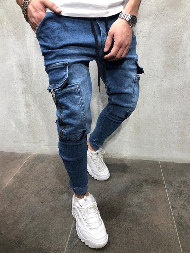 Vanliga Pocket Pencil Pants Herr Jeans Med Snörning