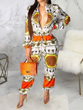 Afrikansk Modetryck Dragkedja Slim Jumpsuit