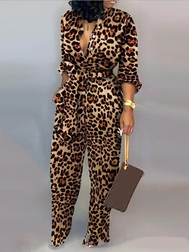 Casual Leopard Lace-Up Rak Mid Waist Jumpsuit För Kvinnor