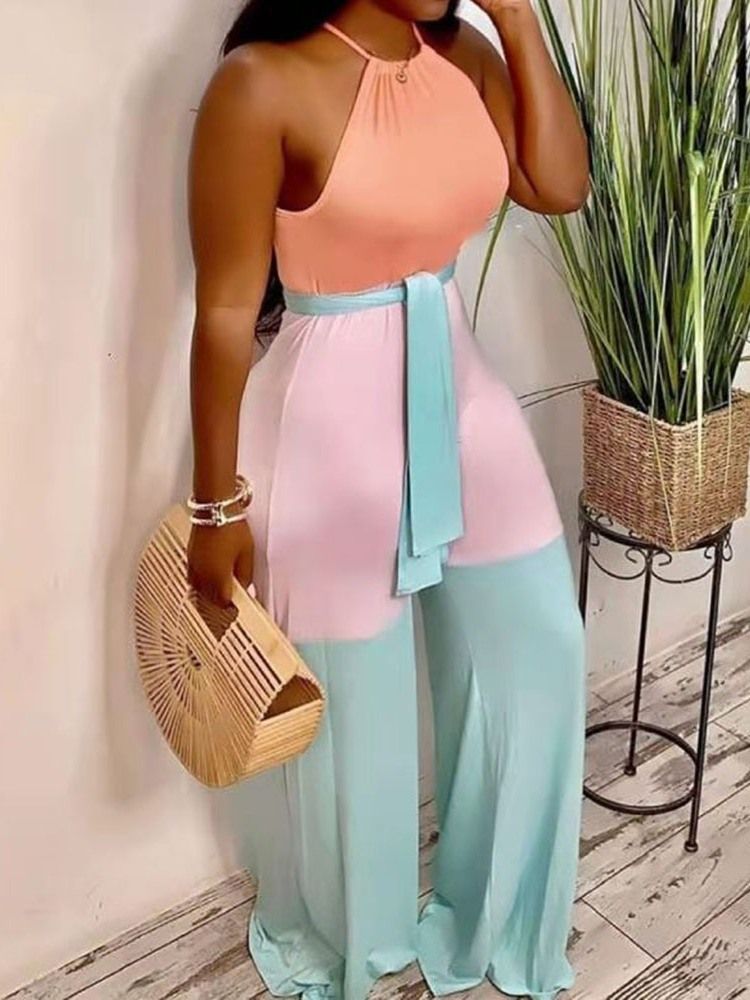 Color Block Casual Full Längd Kvinnors Breda Ben Slim Jumpsuit