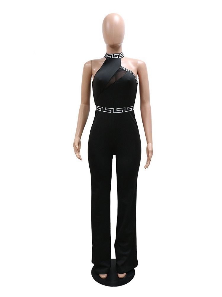 Color Block Mesh Full Längd Slimmad Jumpsuit Med Hög Midja