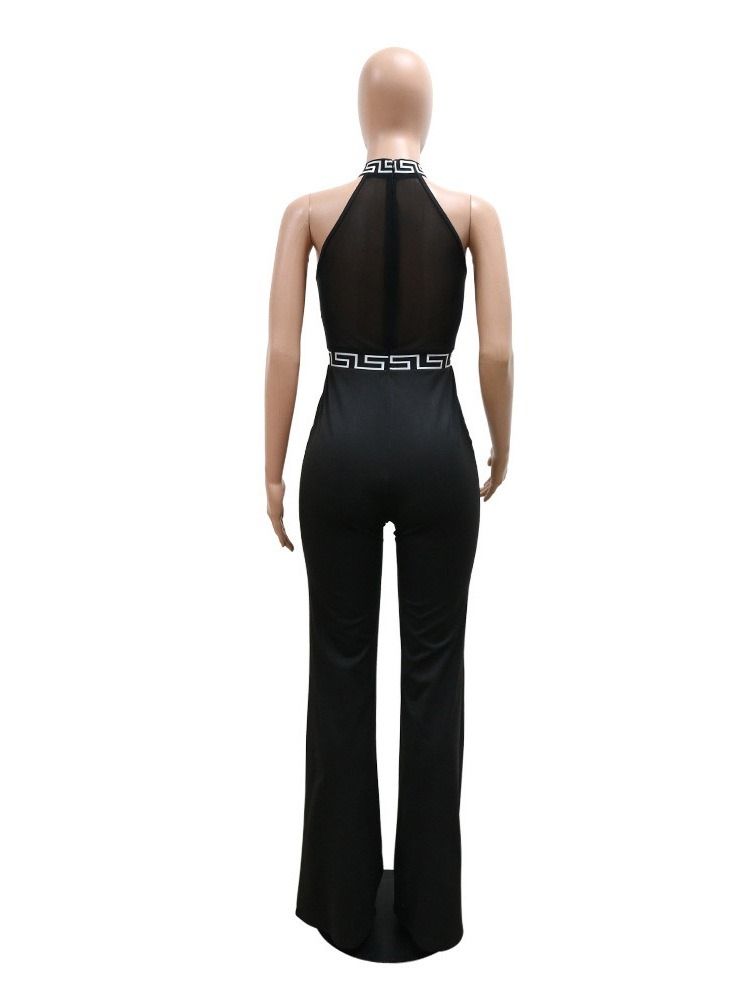 Color Block Mesh Full Längd Slimmad Jumpsuit Med Hög Midja