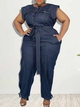 Denim Bälte Full Längd Western Plain Pencil Byxor Slim Jumpsuit