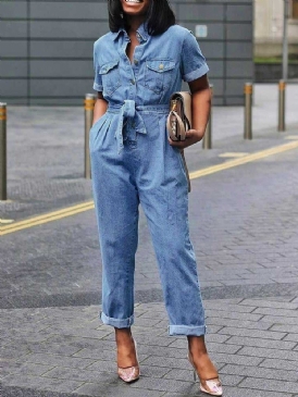 Denim Vanlig Full Längd Lace-Up Hög Midja Rak Pocket Jumpsuit