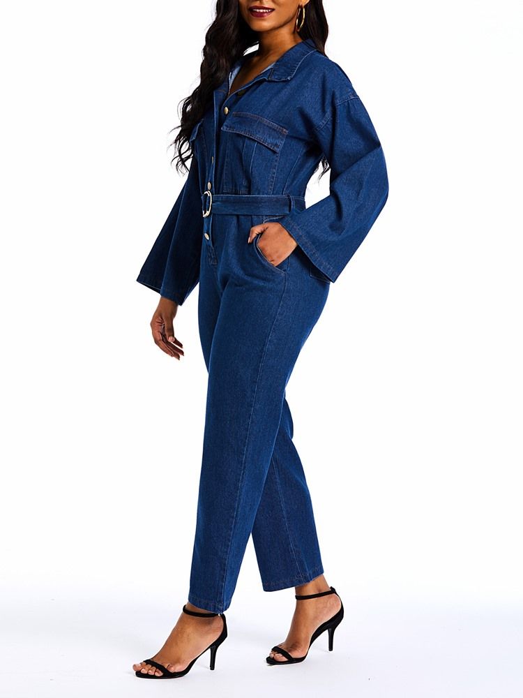 Denim Vanliga Straight Jumpsuits Med Lös Knapp