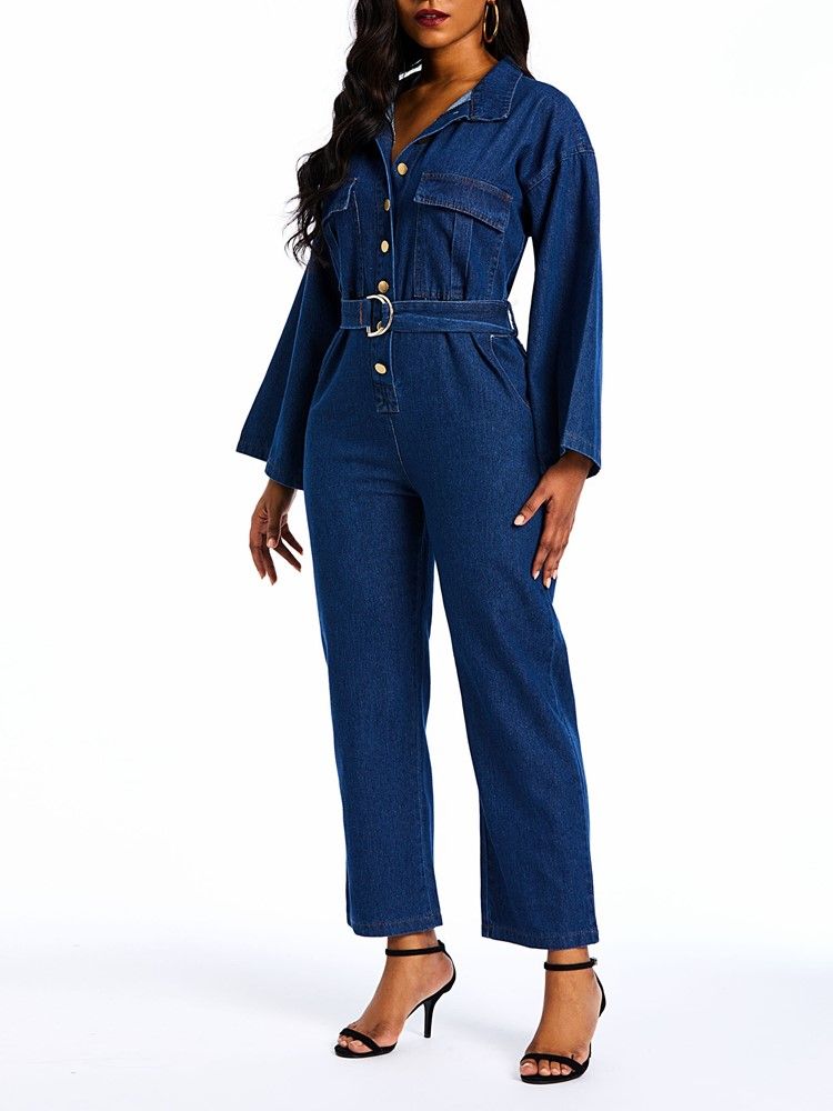 Denim Vanliga Straight Jumpsuits Med Lös Knapp