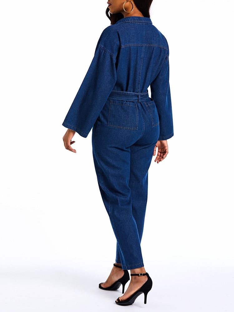 Denim Vanliga Straight Jumpsuits Med Lös Knapp