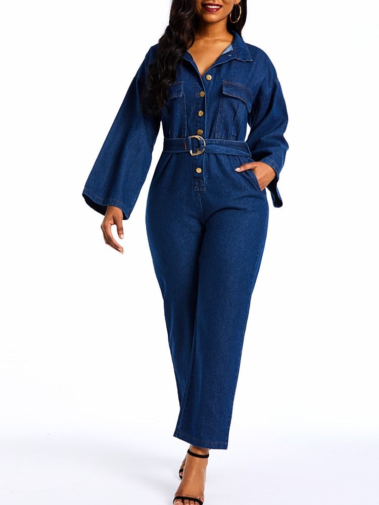 Denim Vanliga Straight Jumpsuits Med Lös Knapp