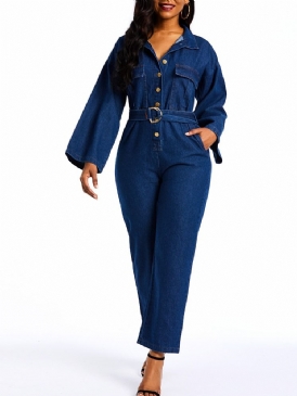 Denim Vanliga Straight Jumpsuits Med Lös Knapp