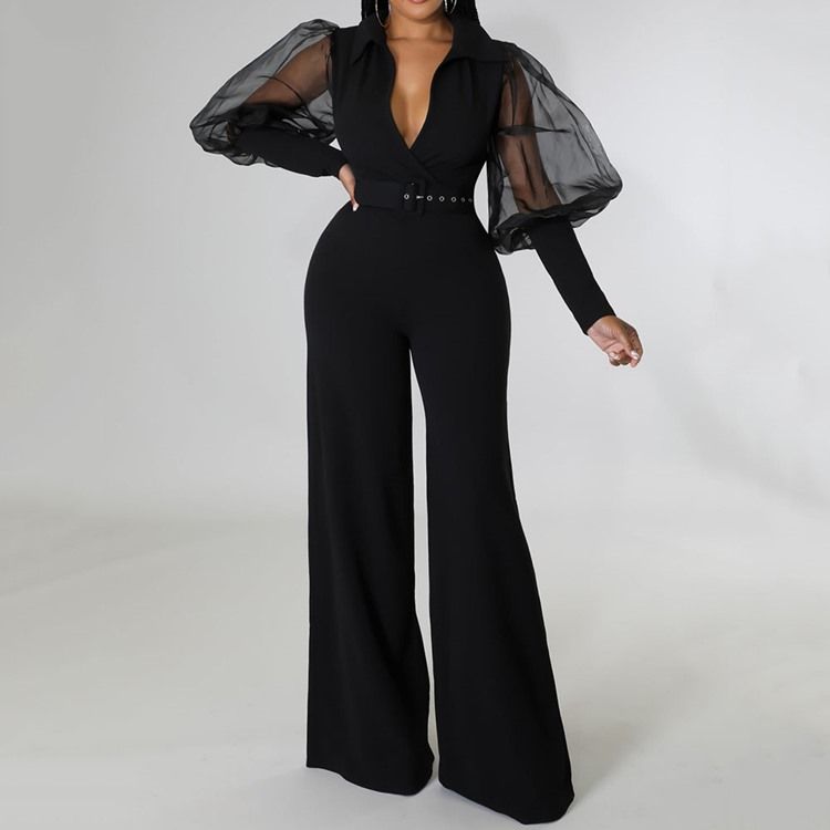 Fashion Mesh Full Längd Hög Midja Slim Jumpsuit