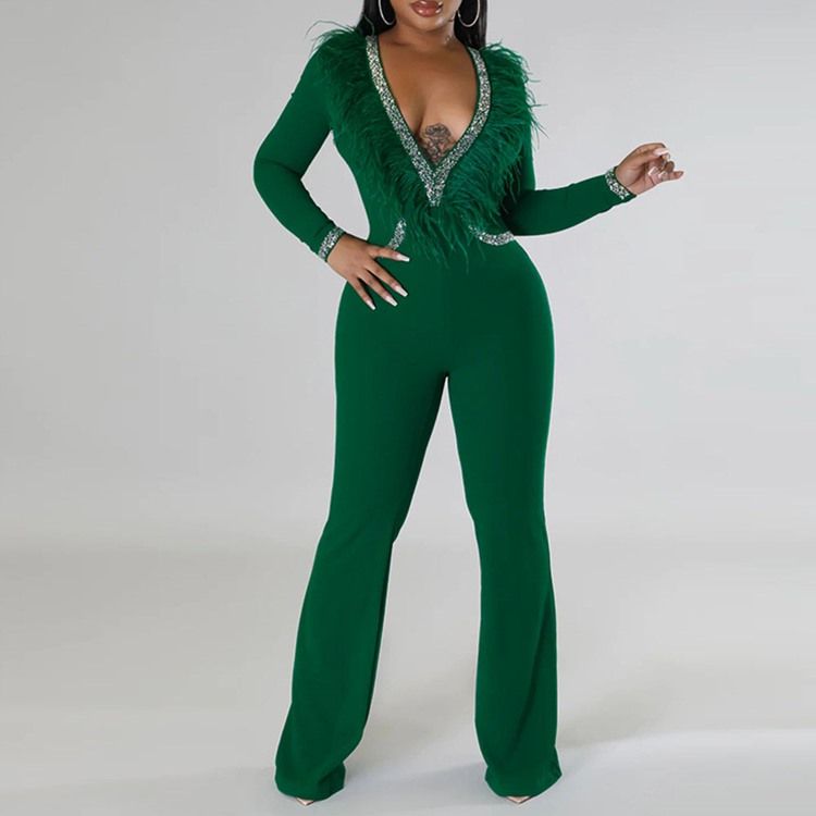 Full Längd Feather Western Straight Slim Jumpsuit