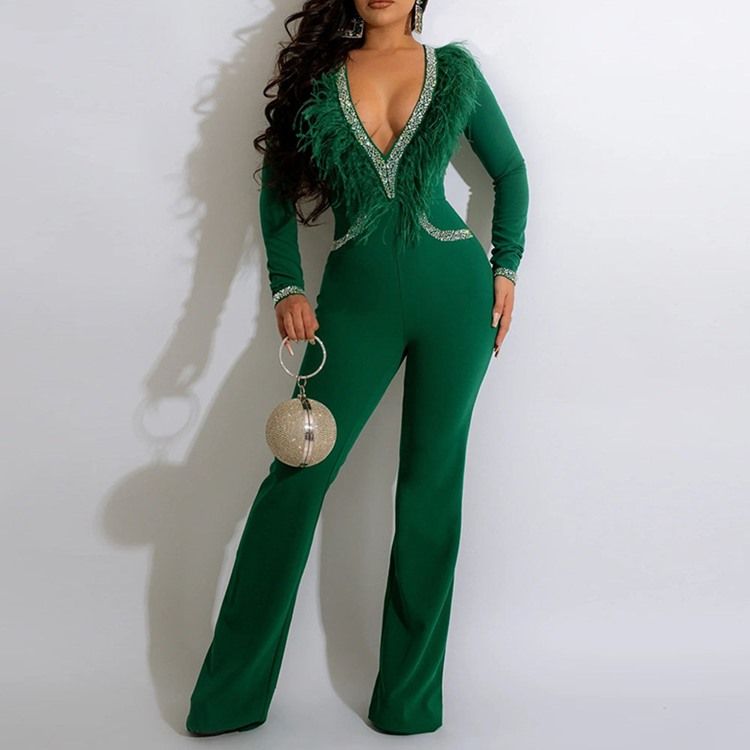 Full Längd Feather Western Straight Slim Jumpsuit