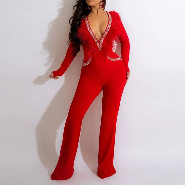 Full Längd Feather Western Straight Slim Jumpsuit