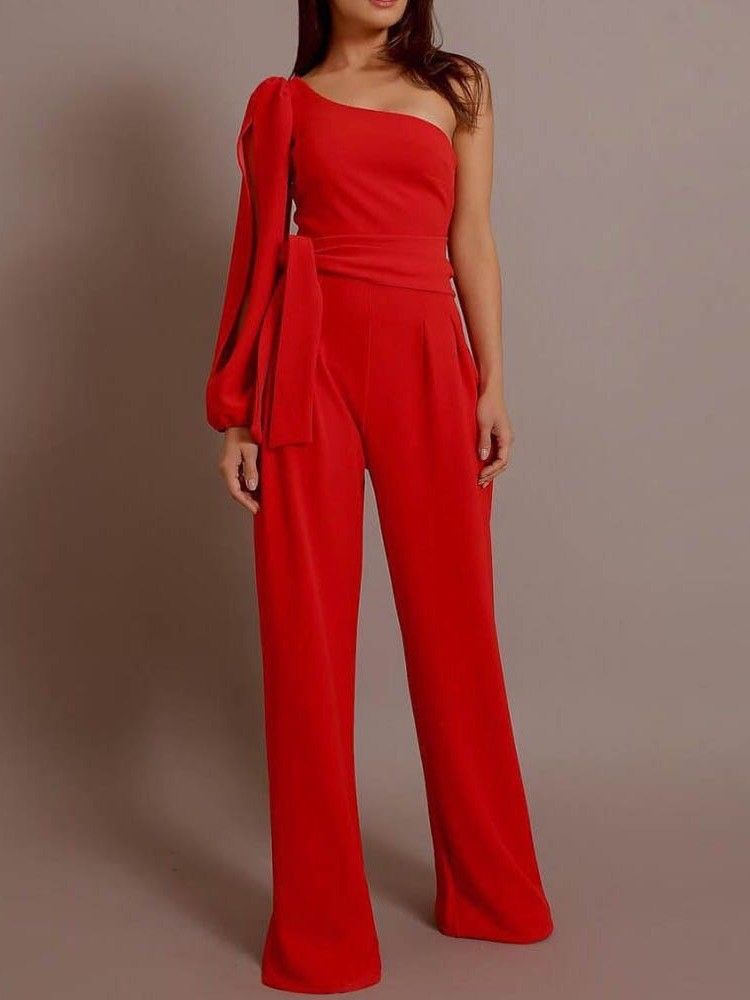 Fullängd Office Lady Lace-Up Rak Slim Jumpsuit