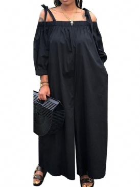 Off Shoulder Full Längd Vanlig Snörning Breda Ben Lös Jumpsuit