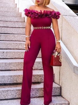 Off Shoulder Vanlig Falbala Full Längd Hög Midja Slim Jumpsuit