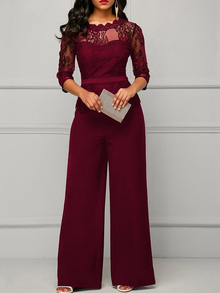 Office Lady Plain Lace Hög Midja Rak Jumpsuit