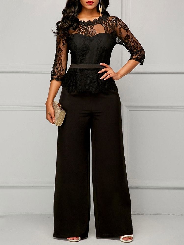 Office Lady Plain Lace Hög Midja Rak Jumpsuit