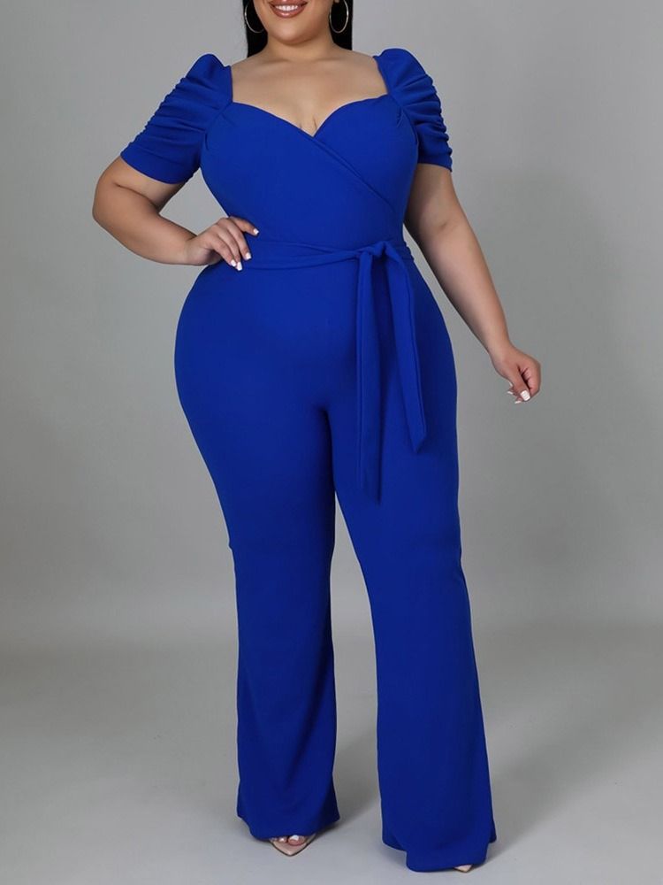 Plus Size Vanlig Fullängdssnörning Slimmad Jumpsuit Med Hög Midja