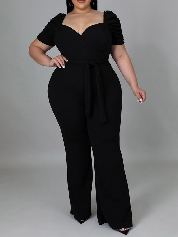 Plus Size Vanlig Fullängdssnörning Slimmad Jumpsuit Med Hög Midja