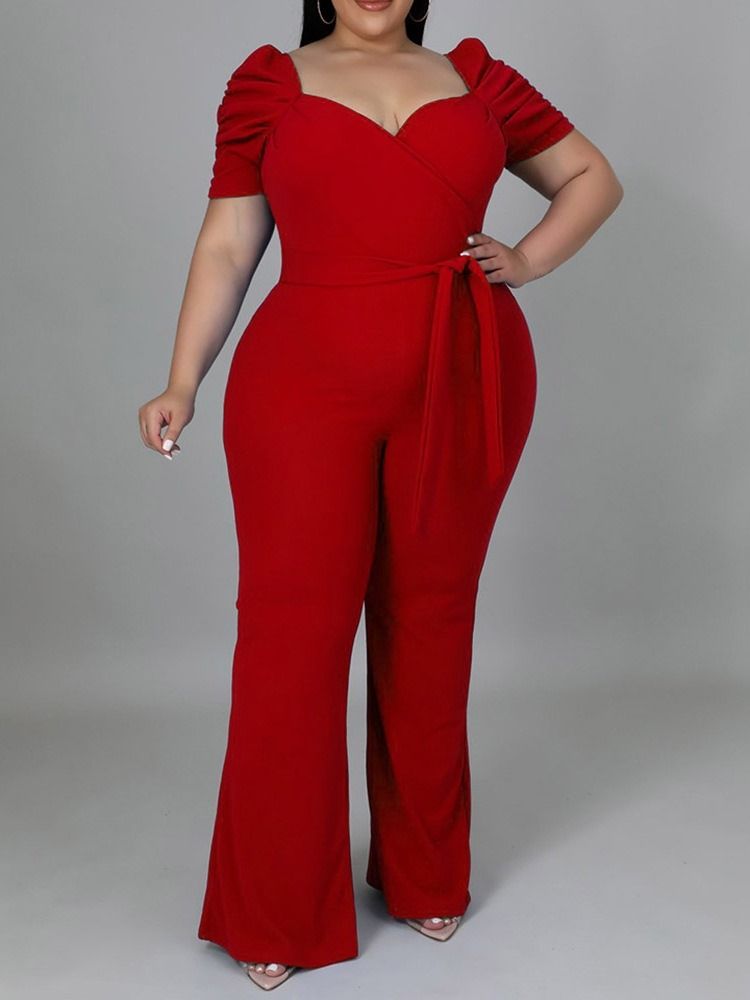 Plus Size Vanlig Fullängdssnörning Slimmad Jumpsuit Med Hög Midja