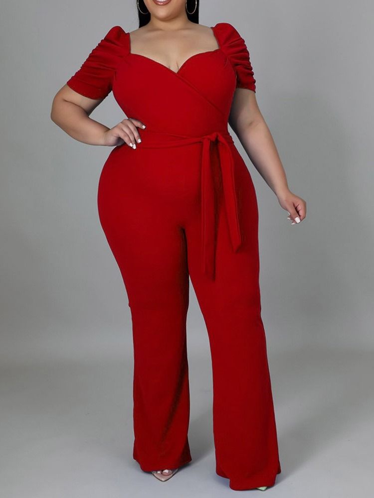 Plus Size Vanlig Fullängdssnörning Slimmad Jumpsuit Med Hög Midja