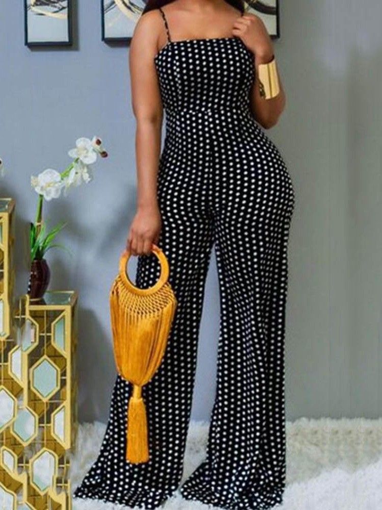 Polka Dots Office Lady Hellängd Slim Rak Jumpsuit För Kvinnor