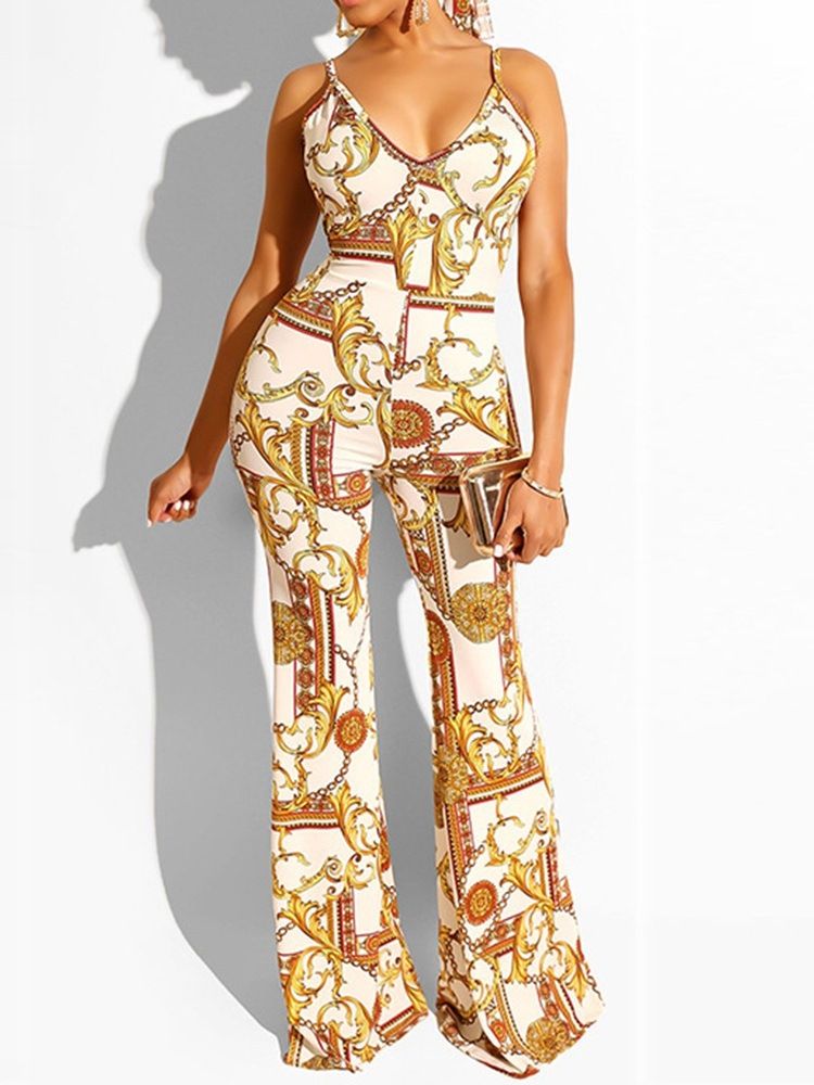 Skriv Ut Sexig Hellängd Slim Mid Waist Jumpsuit