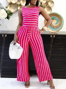 Stripe Office Lady Full Längd Mid Waist Slim Jumpsuit För Kvinnor