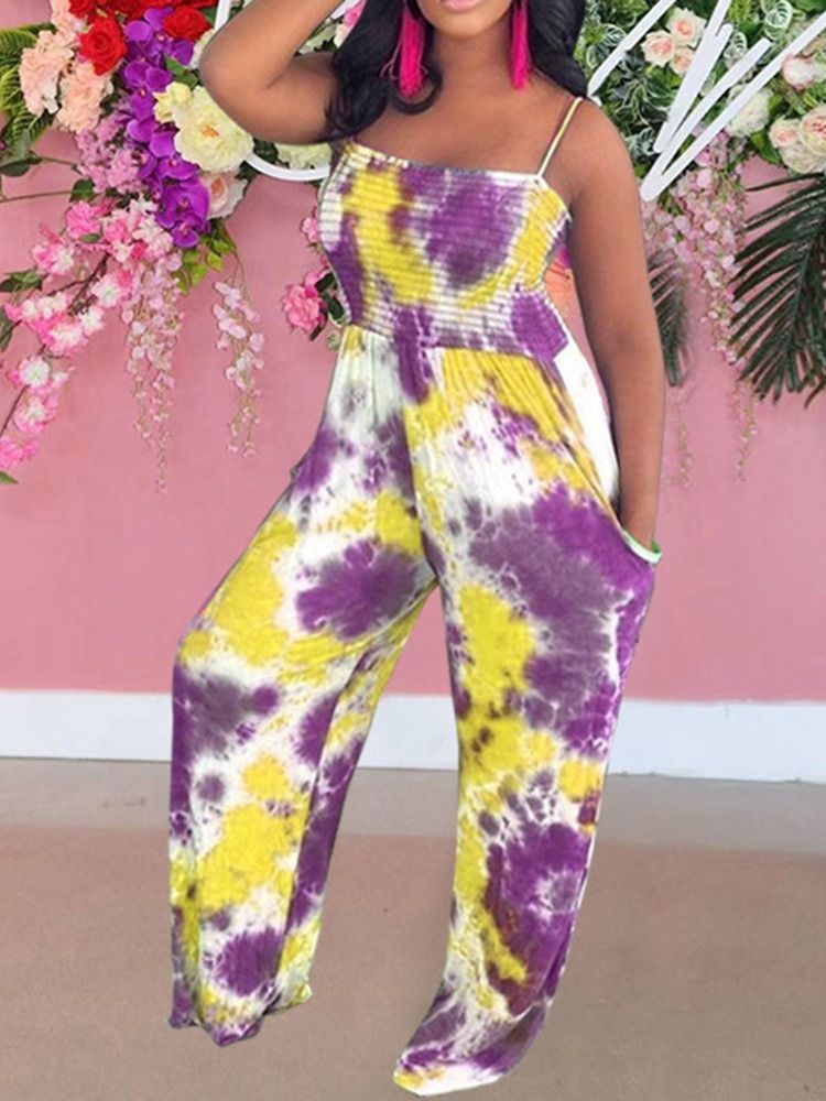 Tie-Dye Full Längd Color Block Slim Mid Waist Jumpsuit För Kvinnor