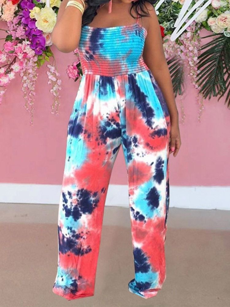 Tie-Dye Full Längd Color Block Slim Mid Waist Jumpsuit För Kvinnor