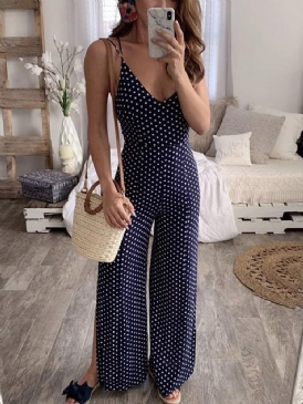 Travel Look Polka Dots Strap Bellbottoms Mid Waist Jumpsuit För Kvinnor