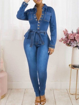 Vanlig Fullängdsknapp Slim Pencil Byxor Dam Jumpsuit