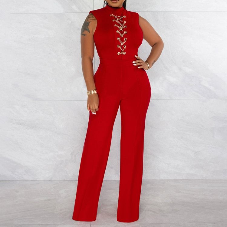 Western Full Längd Chain Slim Straight Jumpsuit