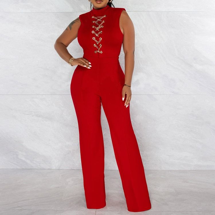 Western Full Längd Chain Slim Straight Jumpsuit