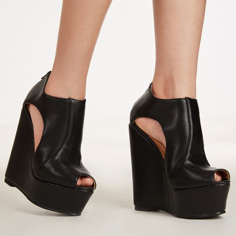 Pu Platform Peep Toe Wedge Sandaler