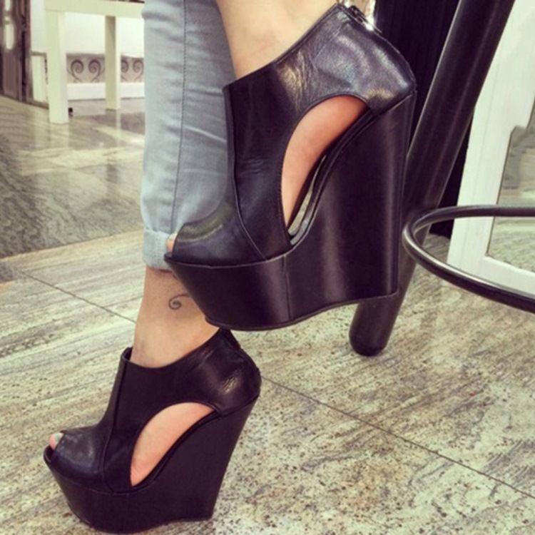 Pu Platform Peep Toe Wedge Sandaler