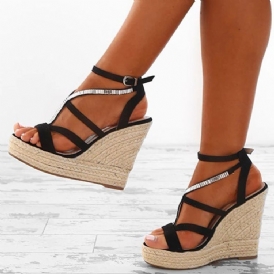 Rhinestone Woven Platform Strappy Kilklack Espadrillesandaler