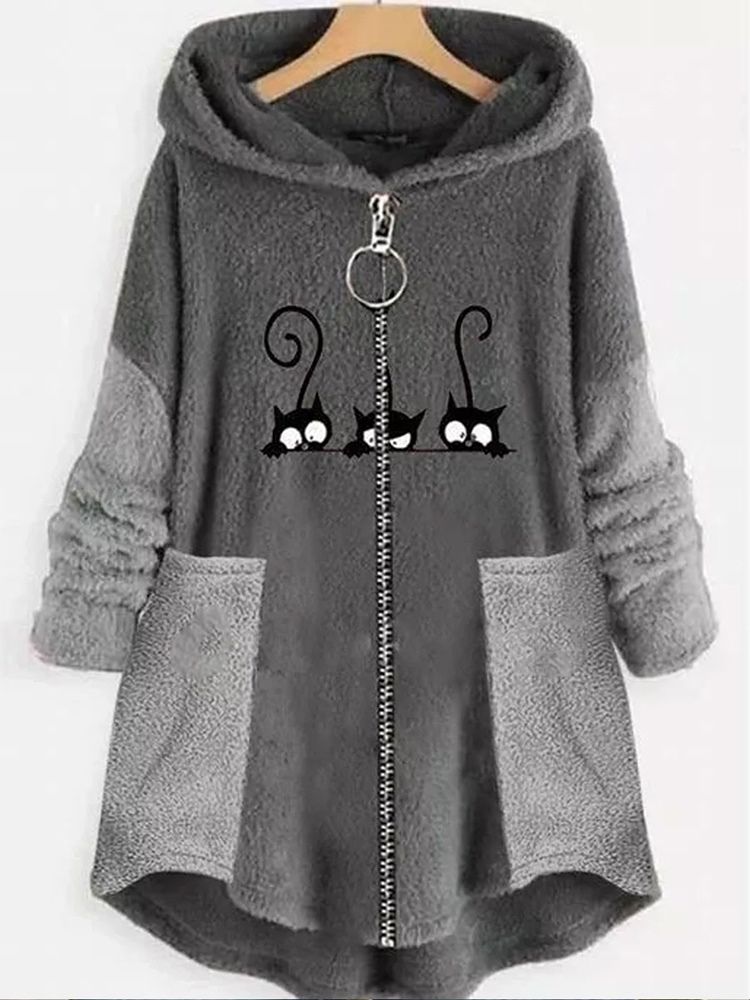 Patchwork Zipper A Line Hooded Mid-Length Overcoat