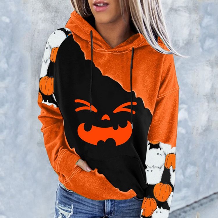 Halloween Color Block Print Raglan Sleeve Vinter Långärmad Hoodie