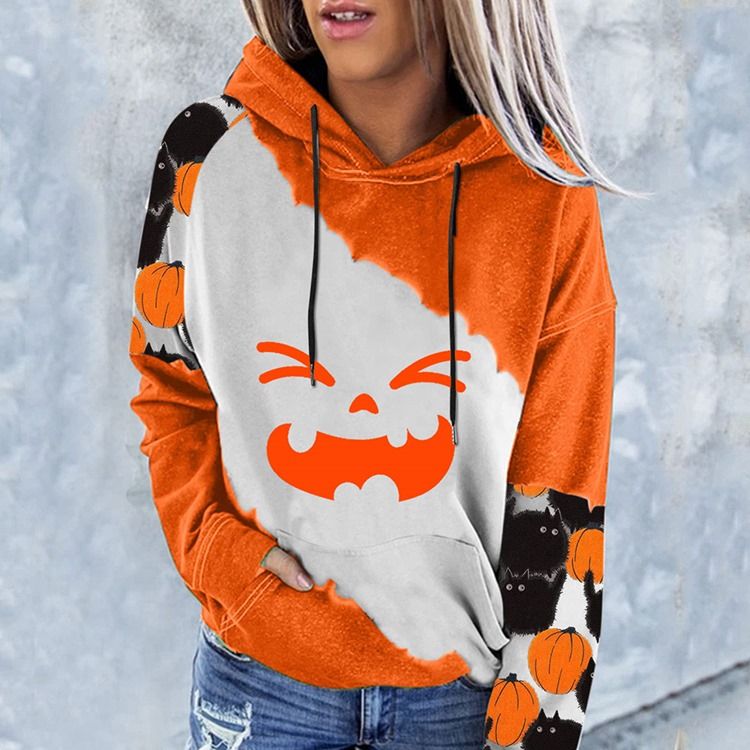 Halloween Color Block Print Raglan Sleeve Vinter Långärmad Hoodie