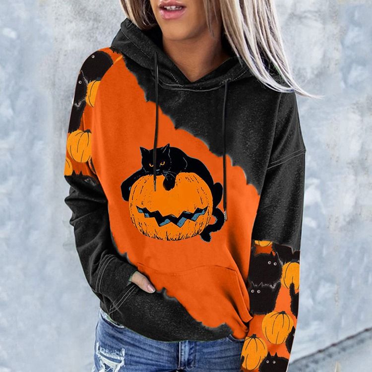 Halloween Color Block Raglan Ärmtryck Hooded Long Sleeve Hoodie