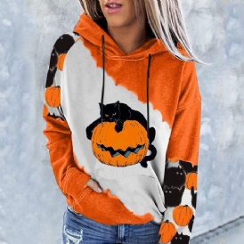 Halloween Color Block Raglan Ärmtryck Hooded Long Sleeve Hoodie