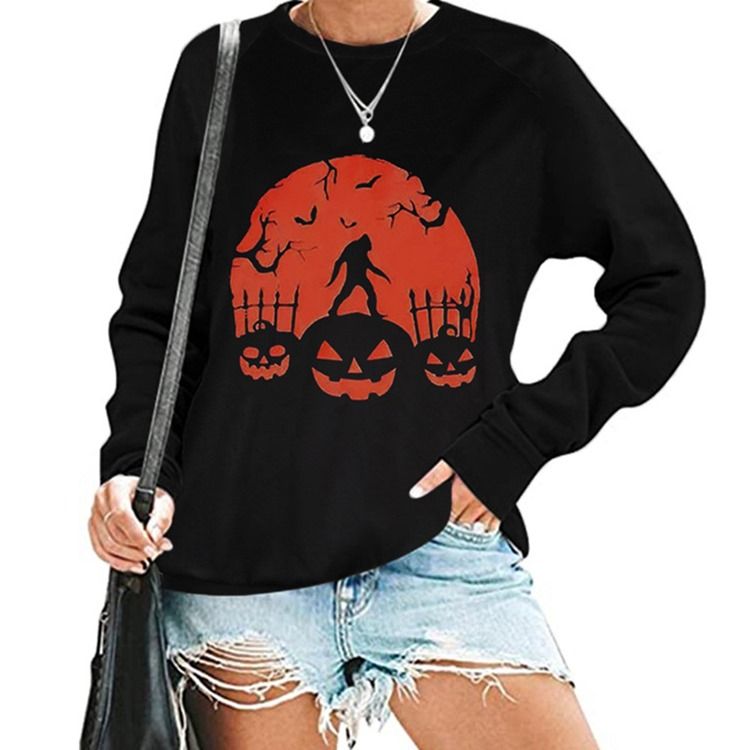 Halloween Tryck Skalle Raglan Ärm Rund Hals Långärmad Hoodie