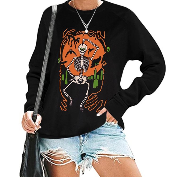 Halloween Tryck Skalle Raglan Ärm Rund Hals Långärmad Hoodie