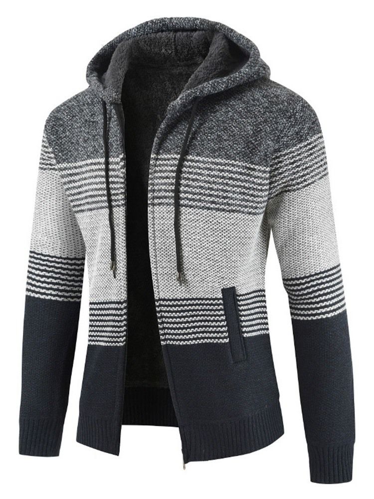 Hooded Patchwork Standard Winter Zipper Sweater