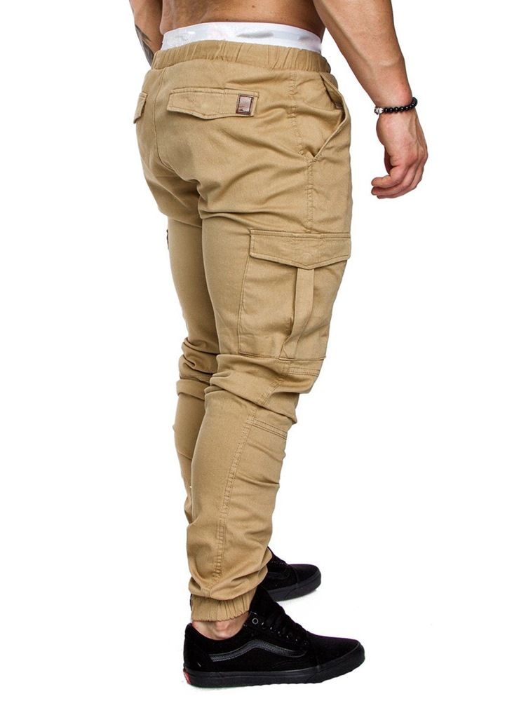 Cargo Byxor Plain Khaki Lace Up Pocket Herr Casual Byxor