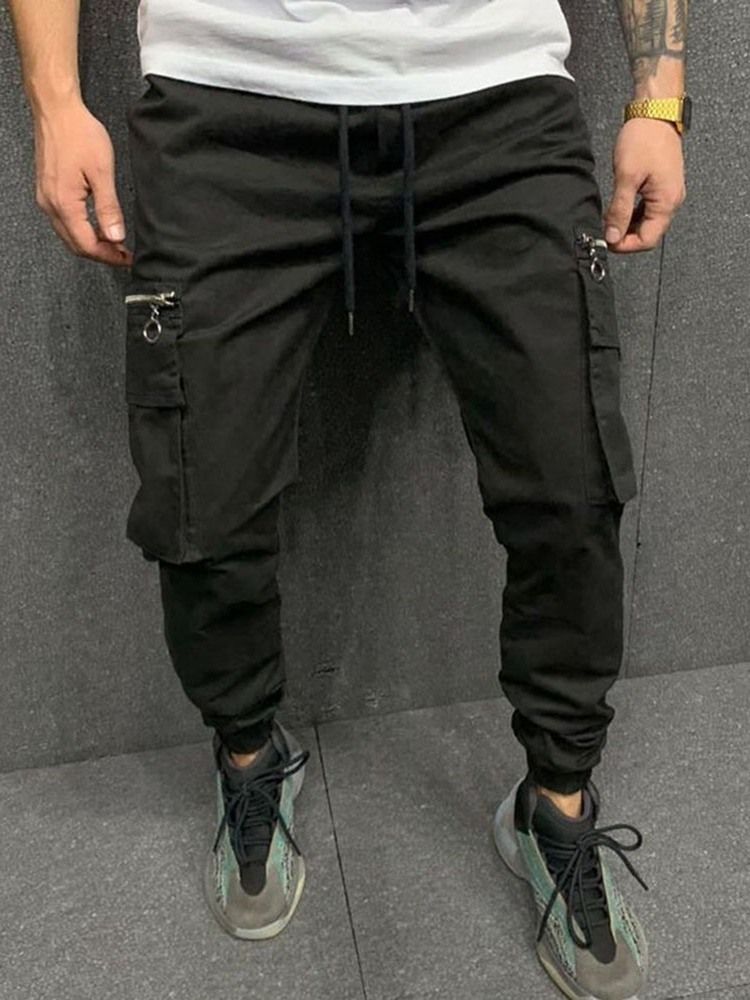 Cargo Pants Pocket Pencil Byxor Vanliga Mid Midja Män Casual Byxor